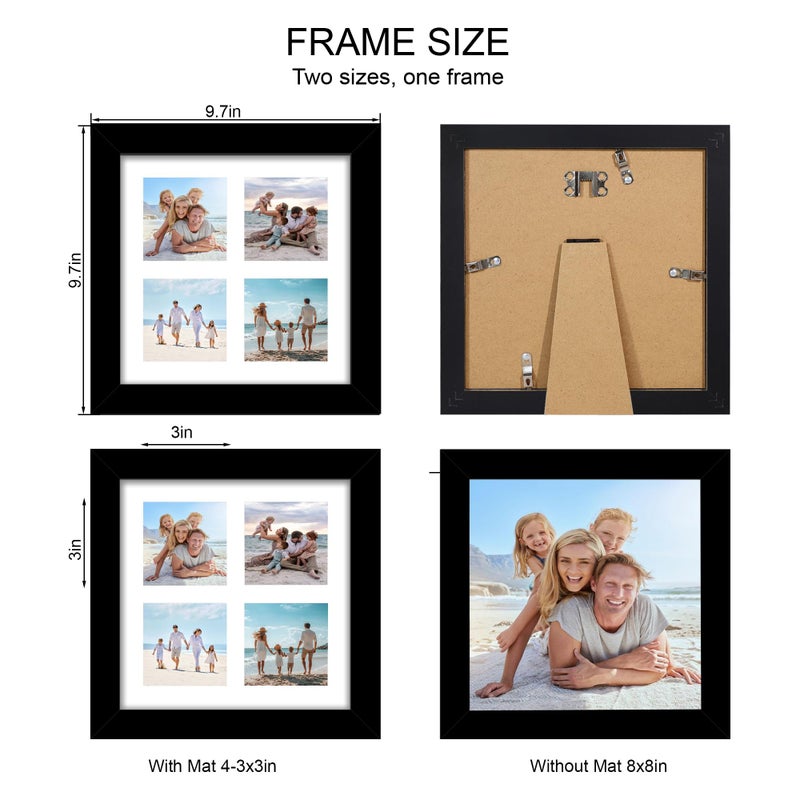 Hongkee مجموعة إطارات صور Hongkee مقاس 8 × 8 مكونة من قطعتين، مع إطارات زجاجية وخشبية سوداء، وعرض مجمع بأربع فتحات مقاس 3 × 3 مع حصيرة أو 8 × 8 بدون حصيرة للتعليق على الحائط أو سطح الطاولة - Image 2